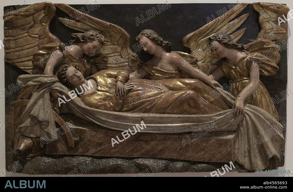 Santa Catalina de Alejandría (m.305). Mártir cristiana. Santa Catalina transportada por los ángeles al Monte Sinaí. Escuela madrileña, siglo XVII. Madera tallada y policromada. Museo de las Peregrinaciones y de Santiago. Santiago de Compostela. Provincia de La Coruña. Galicia. España.