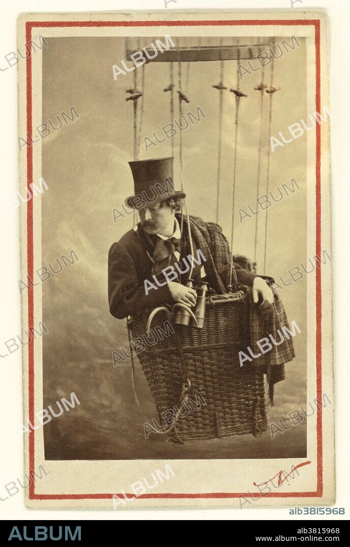 A self-portrait by Nadar in the gondola of a balloon, c. 1863. This carte-de-visite was intended to promote Nadar's expensive ballooning ventures. He hoped that the images would attract more paying customers to witness the live balloon ascensions he staged. This one is of course posed in his studio, with a laundry hamper standing in for the balloon's basket and a painted backdrop of clouds. Nadar was the pseudonym of Gaspard-Felix Tournachon (1820-1910), a French photographer, caricaturist, journalist, novelist, and balloonist. He took his first photographs in 1853 and in 1858 became the first person to take aerial photographs.