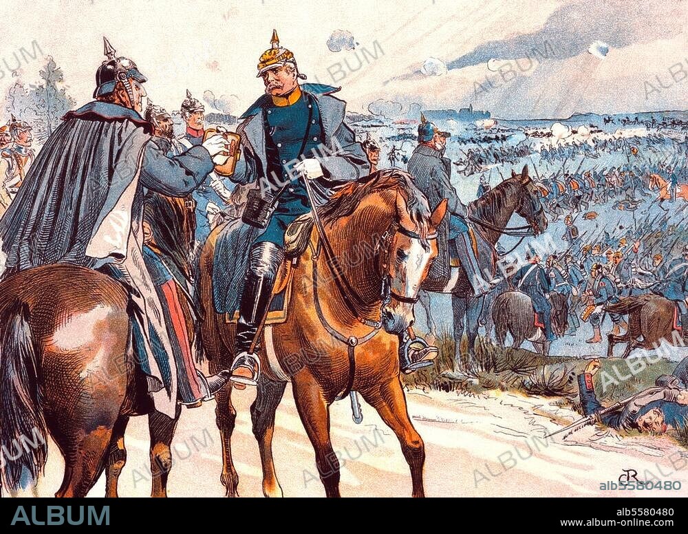 CARL ROEHLING. Bismarck, Otto von, 1815 - 1898, conservative Prussian statesman who dominated German and European affairs from the 1860s until 1890 and was the first Chancellor of the German Empire between 1871 and 1890. Austro-Prussian War of 1866. "A good omen at Königgrätz". 3/7/1866 Moltke takes the better of the two cigars offered to him.". (Helmuth von Moltke, 1800 - 1891, Prussian field marshal). Colour print by Carl Röhling. From: R.Hoffmann, Otto von Bismarck, Berlin 1897.