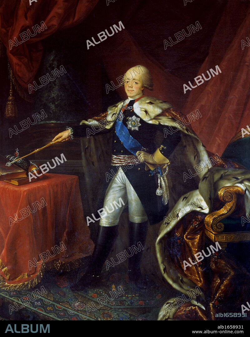 Portrait of Tsar Paul I', c1796. Nikolay Argunov (1771-c1829) Russian painter. Paul (1754-1801) Emperor of Russia from 1796 when he was assassinated. Full-length Crown Orb Sceptre Ermine Robe Uniform Military Royalty.