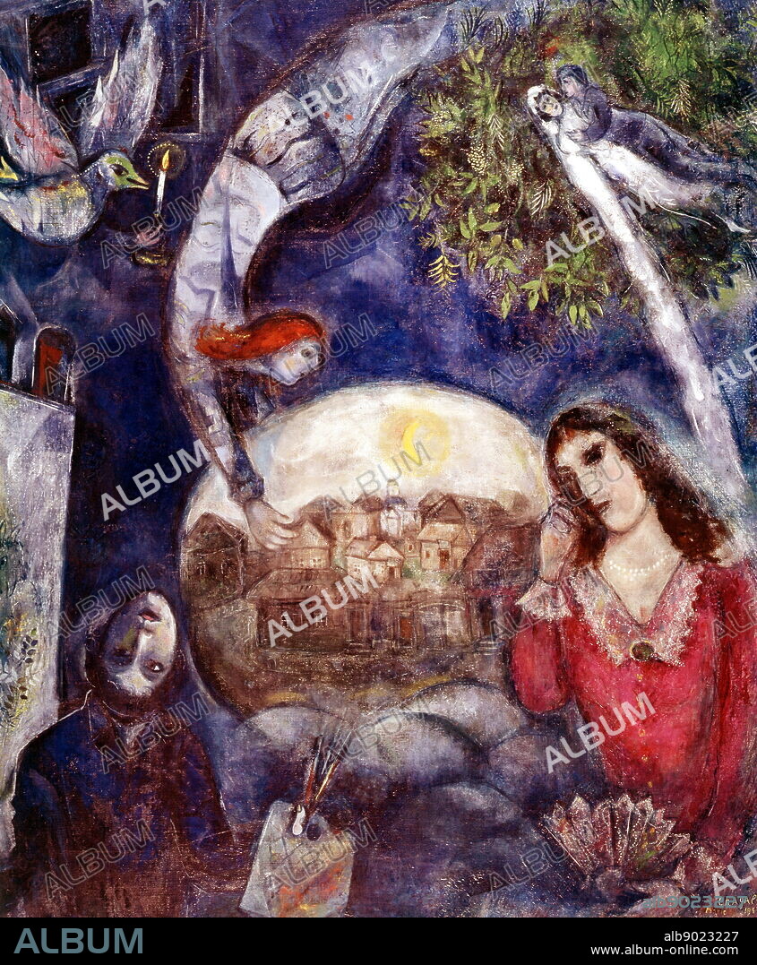 An Undying Love: "Around Her"; 1945, by Marc Chagall (1887 - 1985); Russian-French artist of Belarusian Jewish artist. Bella Rosenfeld met Marc Chagall in the summer of 1909 on a visit to St. Petersburg. Marc was an aspiring artist, in the throes of creating his now famous oeuvre. Bella, the daughter of a successful jeweller, was in the midst of her studies and acquiring a taste for writing. Their meeting was the beginning of an artist-muse relationship that would inspire some of Chagall's best work.