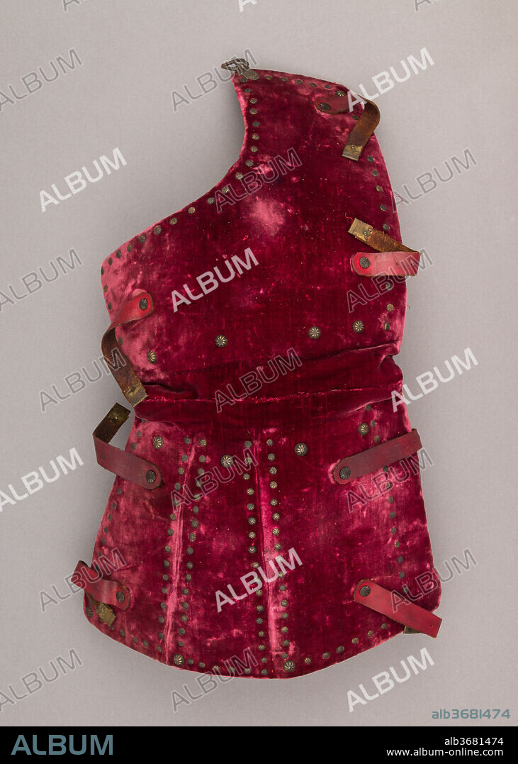 Brigandine Armor. Culture: Italian. Dimensions: 29.150.91a (front plate); H. 20 1/4 in. (51.4 cm); W. 11 3/4 in. (29.8 cm); Wt. 3 lb. 4.2 oz. (1479.8 g); 29.150.91b (front plate); H. 20 in. (50.8 cm); W. 10 3/4 in. (27.3 cm); Wt. 3 lb. 10.8 oz. (1667 g); 29.150.91c (back plate); H. 6 in. (15.2 cm); W. 14 1/4 in. (36.2 cm); Wt. 2 lb. 1.4 oz. (946.9 g); 29.150.91d (tasset); H. 12 3/4 in. (32.4 cm); W. 9 1/2 in. (24.1 cm); Wt. 1 lb. 6.8 oz. (646.4 g); 29.150.91e (tasset); H. 12 3/4 in. (32.4 cm); W. 6 in. (15.2 cm); Wt. 1 lb. 10.7 oz. (756.9 g); 29.150.91f (right arm defense); H. 13 3/8 in. (34 cm); W. 5 1/2 in. (14 cm); D. 5 1/8 in. (13 cm); Wt. 1 lb. 14.5 oz. (864.7 g); 29.150.91h (right gauntlet); L. 8 in. (20.3 cm); W. 5 in. (12.7 cm); D. 5 1/4 in. (13.3 cm); Wt. 9.7 oz. (275 g); 29.150.91j (right leg defense); H. 20 in. (50.8 cm); W. 7 in. (17.8 cm); D. 6 in. (15.2 cm); Wt. 2 lb. 12.7 oz. (1267.2 g); 29.150.91k (left leg defense); H. 20 1/2 in. (52.1 cm); W. 7 in. (17.8 cm); D. 5 1/2 in. (14 cm); Wt. 2 lb. 13.6 oz. (1292.7 g); 29.150.91l (right greave); . Date: ca. 1400 and later.