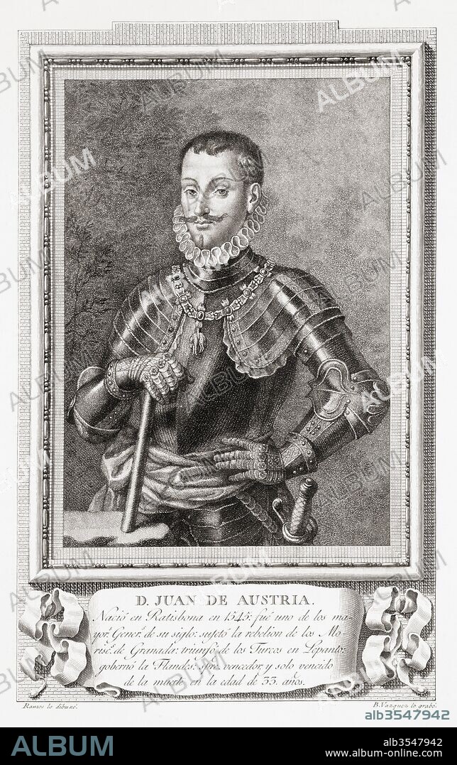 John of Austria, c.1547 – 1578, aka Don John of Austria, Don Juan de Austria. Illegitimate son of Holy Roman Emperor Charles V, military leader in the service of his half-brother, King Philip II of Spain. He is best known for his naval victory at the Battle of Lepanto in 1571 against the Ottoman Empire. After an etching in Retratos de Los Españoles Ilustres, published Madrid, 1791.