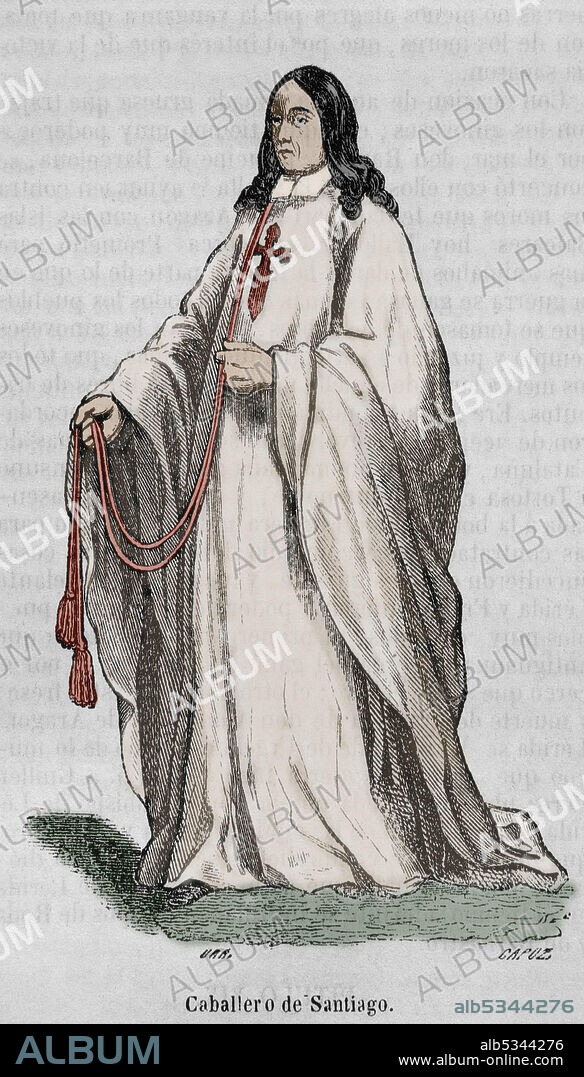 TOMÁS CARLOS CAPUZ (1834-1899). SPANISH ENGRAVER AND XYLOGRAPH. Order of Santiago. Religious and military order founded in the 12th century in the kingdom of León. Knight of Santiago. Engraving by Capuz. Later colouration. Historia General de España by Father Mariana. Madrid, 1852.
