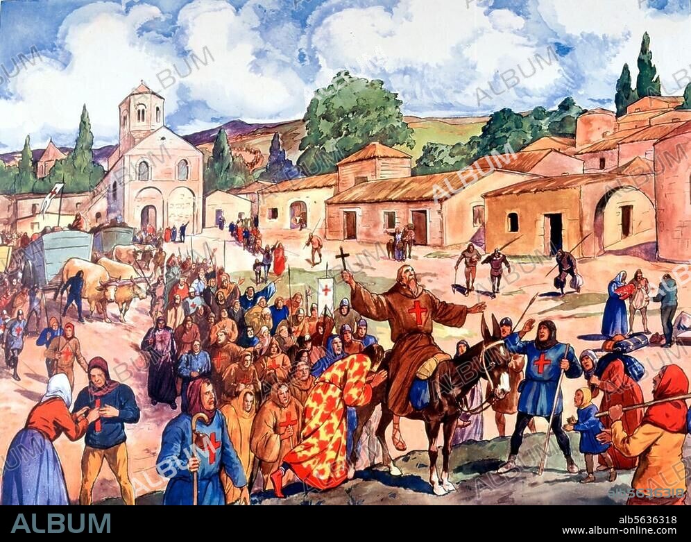 First Crusade 1096-1099. "Aufbruch zum Kreuzzug" (leaving for the crusades). Colour print after an untitled original. School wall painting, undated, location unknown (bibliographical details covered up), c. 1960. Dortmund, Westfälisches Schulmuseum.