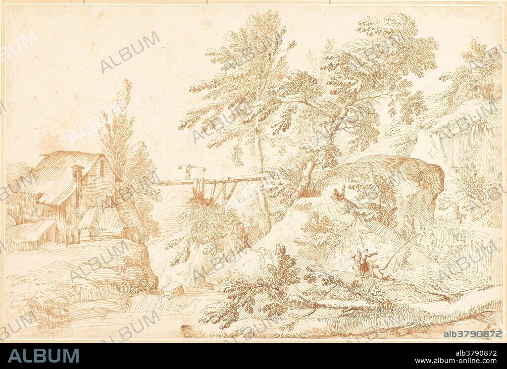 Marco Ricci / 'Landscape'. XVIII century. Pencil, Grey-brown ink on dark yellow paper.