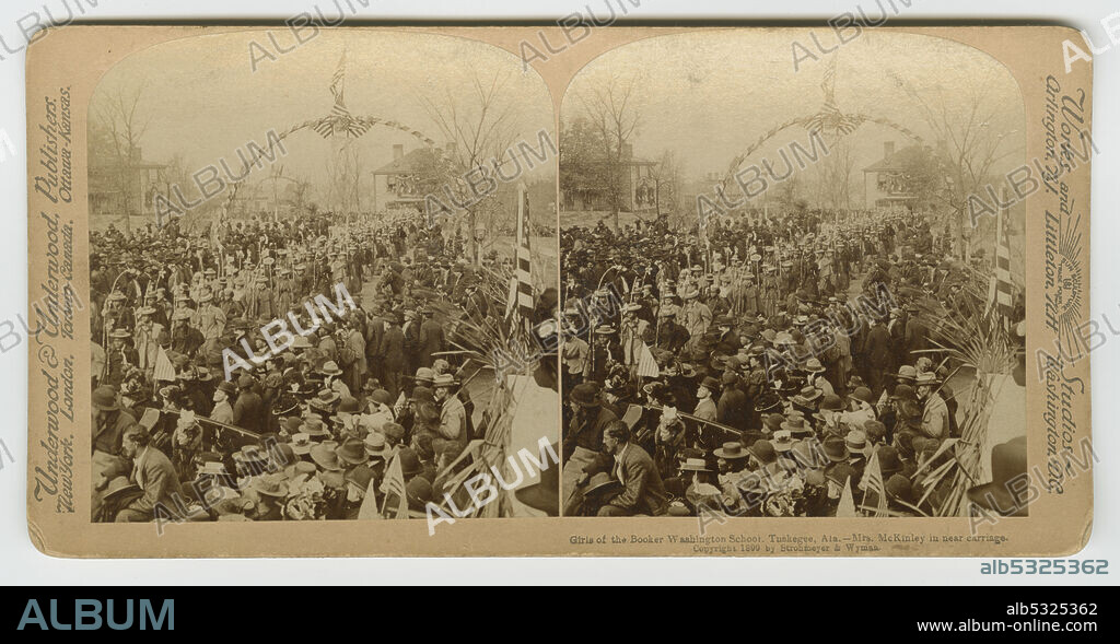 STROHMEYER & WYMAN y UNDERWOOD & UNDERWOOD. A stereograph featuring a large procession of African-American students in the middle of a street flanked by crowds of people. In the bottom left of each image, First Lady Ida McKinley is seated in a carriage that lines the street. The background of the photograph contains a large arch made of streamers and American flags. The left edge of the stereograph contains the following textual information: [Underwood & Underwood, Publishers / New York, London, Toronto-Canada, Ottawa-Kansas] and the right side contains: [Works and Studios / Arlington, N.J. Littleton, N.H., Washington, D.C.].