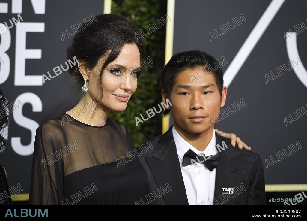ANGELINA JOLIE and PAX JOLIE-PITT. January 7, 2018 - Los Angeles, California, U.S. - ANGELINA JOLIE AND HER SON PAX during red carpet arrivals for the 75th Annual Golden Globe Awards, at The Beverly Hilton Hotel. 07/01/2018