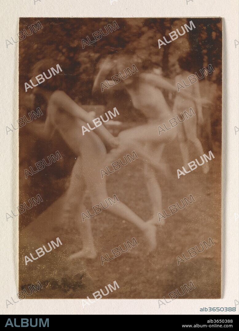 [Cavorting by the Pool at Garsington]. Artist: Lady Ottoline Violet Anne Cavendish-Bentinck Morrell (British, 1873-1938). Dimensions: 8.8 x 6.2 cm (3 7/16 x 2 7/16 in.) and 8.8 x 6.3 cm (3 7/16 x 2 7/16 in.). Date: ca. 1916.
Rebelling against the narrow values of upper-class Edwardian society, Lady Ottoline Morrell, an eccentric hostess to Bloomsbury, surrounded herself in London and on her estate at Garsington with a large circle of friends including Bertrand Russell, W. B. Yeats, D. H. Lawrence, T. S. Eliot, Virginia Woolf, Aldous Huxley, and E. M. Forster. These images of an improvised dance show Lady Ottoline's ten-year-old daughter, Julian, and her slightly older companions embroiled in a naked whirl, pagan in its exuberance, that reflects the emancipated attitudes of the photographer's circle.