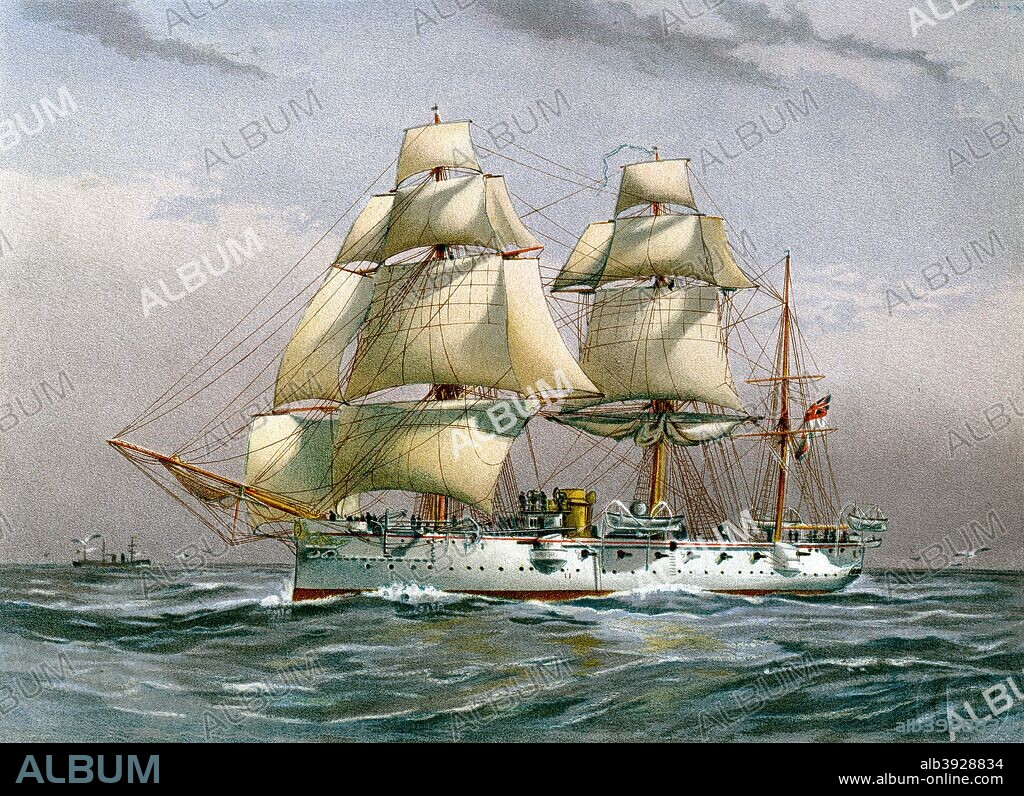 HMS 'Calliope', Royal Navy 3rd class cruiser, c1890-c1893. A 'Calypso' class cruiser, HMS 'Calliope' entered service in 1887. In 1889 she survived an encounter with a tropical cyclone at Apia, Samoa, that wrecked or sank all twelve other ships present at the time. 'Calliope' was placed in reserve in 1889 and, after a short period as a training ship, in 1907 became a drill ship for the Royal Naval Volunteer Reserve on the Tyne at Newecastle, a role she would perform until 1951. A print from Her Majesty's Navy Including its Deeds and Battles, by Lieut Chas Rathbone Low, Volume I, JS Virtue & Co, London, 1890-1893.