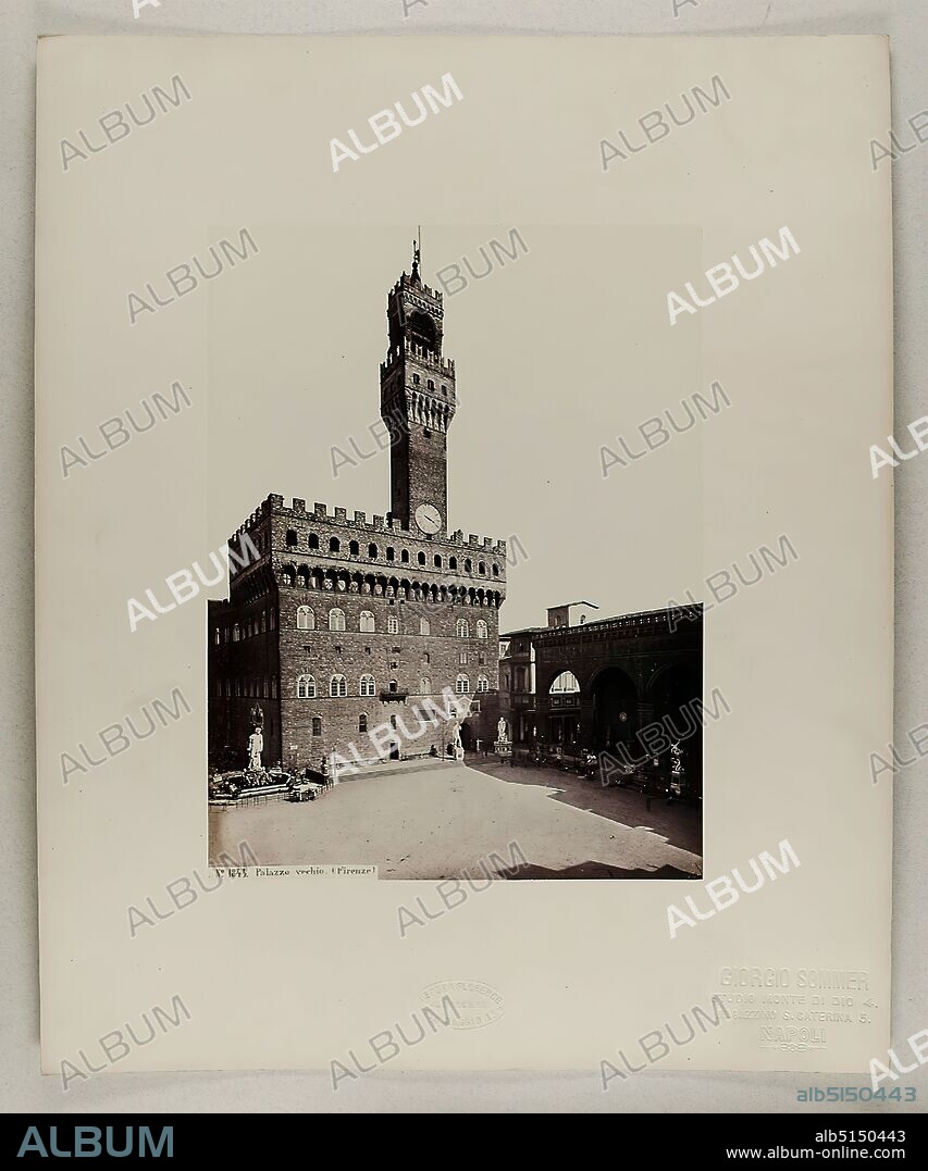 Giorgio Sommer, Palazzo Vecchio (Firenze), albumin paper, black and white positive process, sheet size: height: 24.00 cm; width: 18.00 cm, inscribed: recto and: exposed No. 1844, Palazzo Vecchio (Firenze), dry stamp: recto and on the cardboard: GIORGIO SOMMER, STUDIO MONTE DI DIO 4, MAGAZZINO S. CATERINA 5, NAPOLI, and J. BRECKER, DEPOT A FLORENCE, VIA MAGGIO 15, stamp: on the back of the cardboard: inventory, travel photography, architectural photography, hist. building, locality, street, city hall.