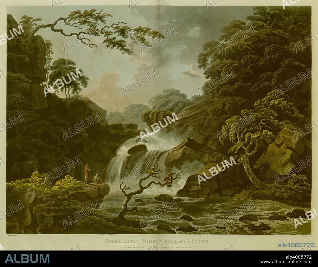 WALMSLEY. Figures fishing by the Cora Lynn Waterfall, Falls of Clyde; trees and rocks throughout the scene . CORA LYNN. MIDDLE FALL of the CLYDE. London : Published Novr 15 1810 by F.J. Sarjent No 57 upper John Street, Fitzroy Square. Successor to Mr F. Jukes., [November 15 1810]. Source: Maps K.Top.50.56. Language: English.