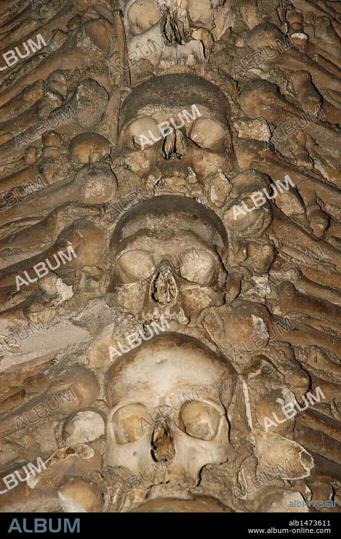 Portugal. Evora. Chapel of Bones. Chapel located next to the entrance of the Church of St. Francis. The interior walls are covered with human skulls and bones.16th century.
