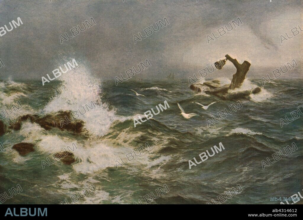 PETER GRAHAM. 'The Inchcape Rock', 1908, (c1930). Illustration to a ballad of the same name by Robert Southey, published in 1802. A warning bell for shipping had been installed on a dangerous sandstone reef off the east coast of Scotland. Sir Ralph the Rover, a pirate, removed the bell, and later perished when his ship was wrecked on the reef. Painting in the New Walk Museum & Art Gallery, Leicester. From "Modern Masterpieces of British Art". [The Amalgamated Press Ltd., London, c1930].