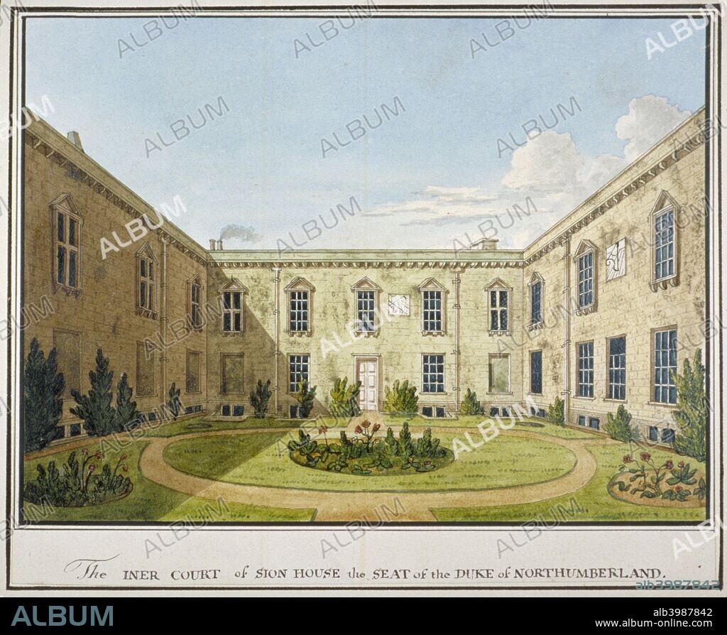 Inner court of Syon House, Isleworth, Middlesex, 1802. Formerly the site of an abbey, the estate at Syon was acquired after the dissolution of the monasteries by Edward Seymour, 1st Duke of Somerset and Lord Protector to Edward VI. The duke built the house in Italian Renaissance style between 1547 and 1552. After his execution, Syon passed to his rival John Dudley, Duke of Northumberland, and the house has been the London residence of the Dukes of Northumberland ever since. In the 18th century Robert Adam was commissioned to remodel the interior of the house and Capability Brown to lay out the gardens. Isleworth is now in the London borough of Hounslow.