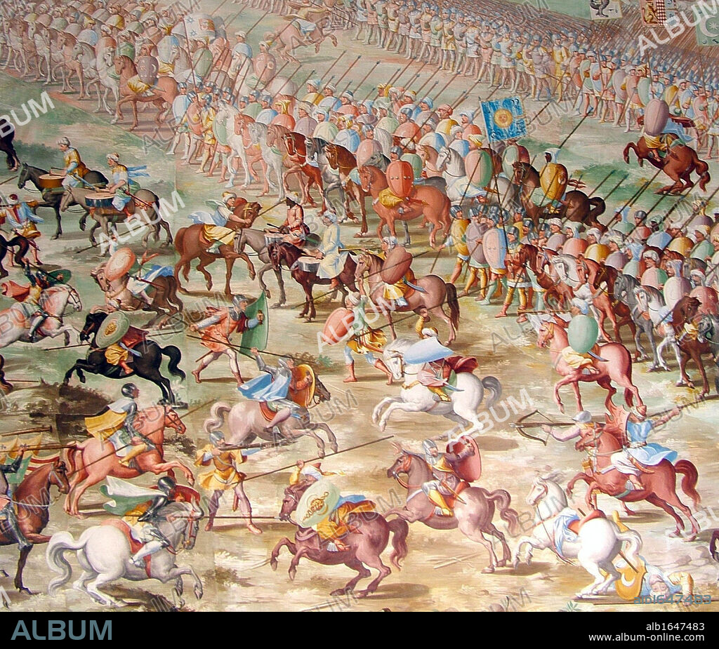 Army of Muhammed IX, (Nasrid Sultan of Granada), at the Battle of Higueruela 1431. Shown as part of a series of fresco paintings by Fabrizio Castello, Orazio Cambiaso and Lazzaro Tavarone. Displayed in the Gallery of Battles, at the Royal Monastery of San Lorenzo de El Escorial, Spain.