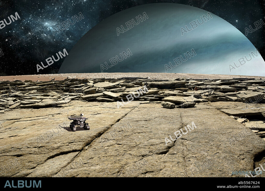 A rover explores the surface of a rocky and barren moon