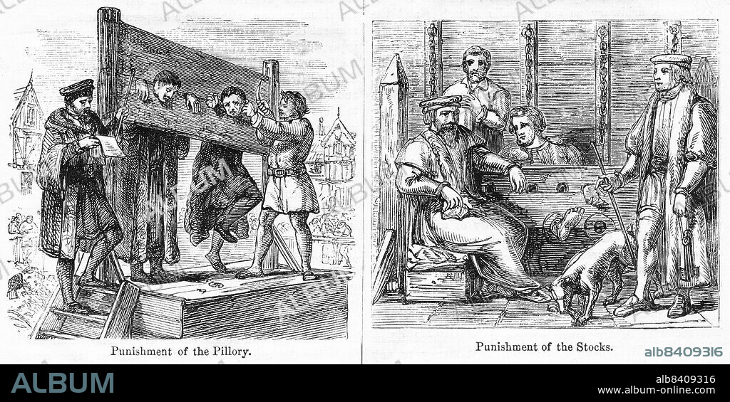 Punishment of Pillory, Punishment of the Stocks, Illustration from the Book, John CasselÄôs Illustrated History of England, Volume II, text by William Howitt, Cassell, Petter, and Galpin, London, 1858.