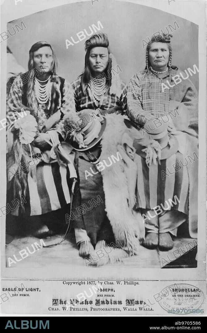 Three Native American Men, Eagle of Light, Joseph & Smohollah, Seated Portrait, The Idaho Indian War, by Charles W. Phillips, Walla Walla, Washington, USA, 1877.