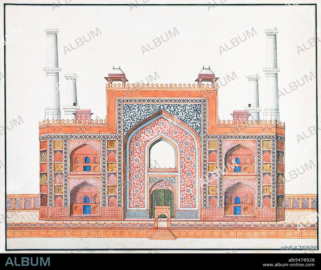 The Tomb of the the third Mughal Emperor Akbar (r. 1556-1605) is an important Mughal architectural masterpiece, built 1605-1613 and set in 48 Ha (119 acres) of grounds in Sikandra, a suburb of Agra, Uttar Pradesh, India. Emperor Akbar himself commenced its construction around 1600, according to Central Asian tradition to commence the construction of one's tomb during one's lifetime. Akbar himself planned his own tomb and selected a suitable site for it, after his death, Akbar's son Jahangir completed the construction in 1605-1613. The south gate is the largest, with four white marble chhatri-topped minarets which are similar to (and pre-date) those of the Taj Mahal, and is the normal point of entry to the tomb. The tomb itself is surrounded by a walled enclosure 105 m square. The tomb building is a four-tiered pyramid, surmounted by a marble pavilion containing the false tomb. The true tomb, as in other Mughal mausoleums, is in the basement. The buildings are constructed mainly from a deep red sandstone, enriched with features in white marble. Decorated inlaid panels of these materials and a black slate adorn the tomb and the main gatehouse. Panel designs are geometric, floral and calligraphic, and prefigure the more complex and subtle designs later incorporated in Itmad-ud-Daulah's Tomb.