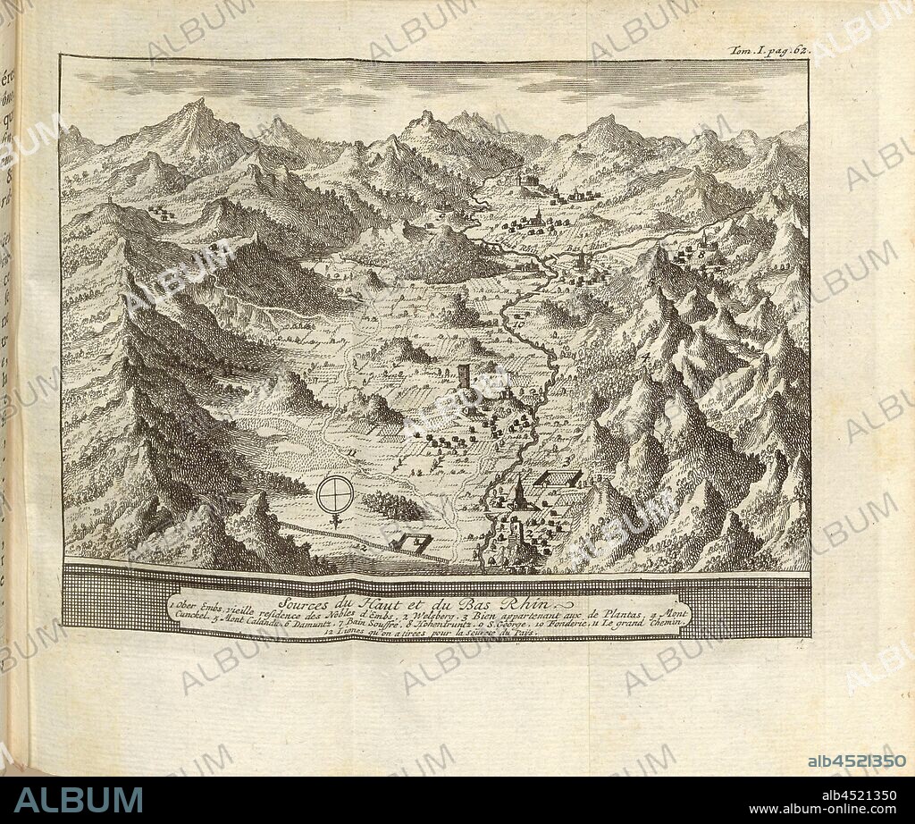 Sources of Upper and Lower Rhine, Bird's eye map of the Rhine Valley with confluence of the Vorder and Hinterrhein near Reichenau, p. 62 (vol. 1), 1730, Johann Georg Altmann: L'état et les délices de la Suisse, en forme de relation critique, par plusieurs auteurs célèbres. Amsterdam: chez Wetsteins et Smith, 1730.