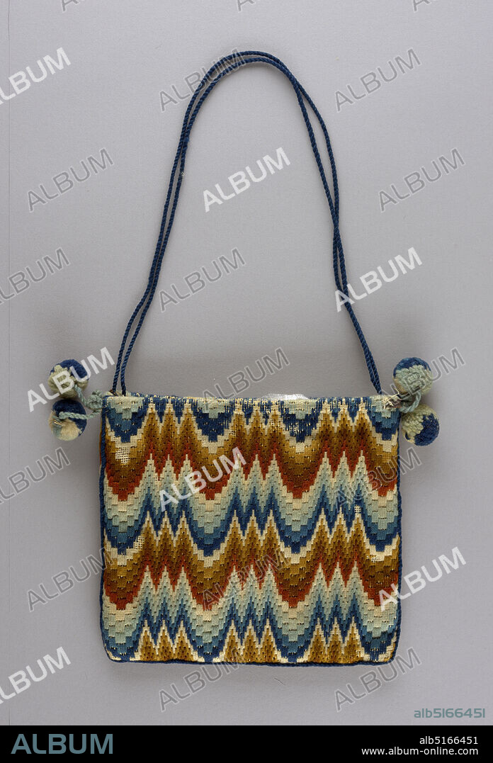 Purse, Medium: wool, linen Technique: embroidery on plain weave, Small bag embroidered solidly on coarse canvas in wool in Hungarian or 'Flame' stitch in two browns, two blues, rust red and white. Edged with blue cord and finished with two ball tassels of blue and white wool at the upper corners. Lined with pale green glazed cotton., USA, 19th century, embroidery & stitching, Purse.