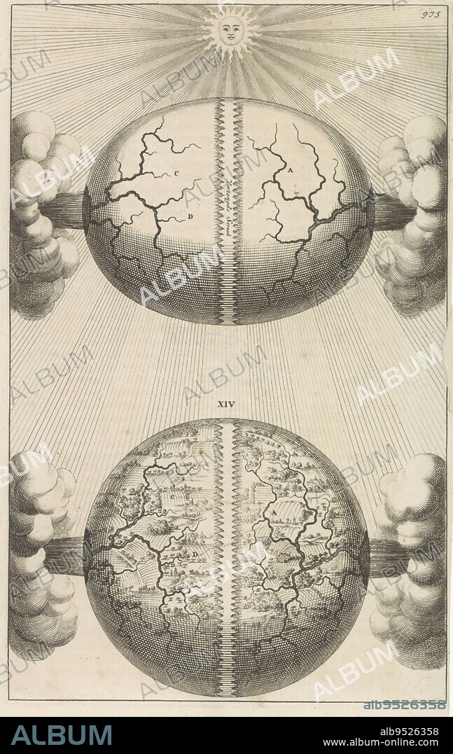 Two globes, anonymous, 1690, Entirely above the sun. Below, a view of the globe in two halves with only rivers. Below a view of the earth with land. Both globes between clouds. Numbered top right: 975., print maker: anonymous, publisher: Wilhelmus Goeree (I), (possibly), Amsterdam, 1690, paper, etching, engraving, h 269 mm × w 169 mm.