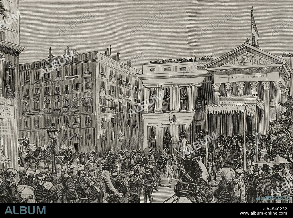 ALEJANDRO FERRANT Y FISCHERMANS (1843-1917). SPANISH ARTIST.. Historia de España. Madrid. Apertura de las Cortes Españolas el 15 de febrero de 1878. Llegada de los Reyes al Palacio del Congreso. Dibujo del natural por Ferrant. Grabado. La Ilustración Española y Americana, 1878.