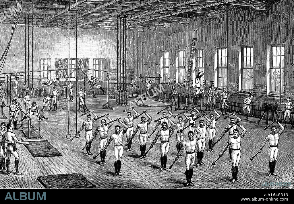 Young Men's Christian Association (YMCA) gymnasium, Longacre, London, opened by the Prince of Wales, 16 June 1888.  Men exercising using various apparatus. Wood engraving.