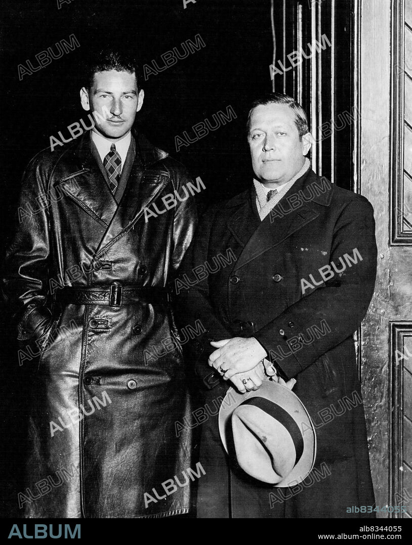 Mr. Warren Penny, on left, and Capt. George Pond, photographed before leaving Southampton for U.S. A., from where they intend to fly to England in tine to compete in the London-Melbourne air race. It will be remembered that Capt. Pond recently crashed with Sibelli in Rome. October 05, 1934.