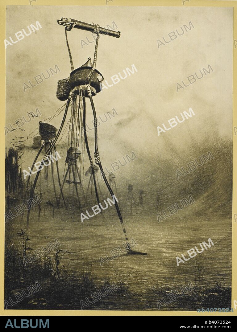 HERBERT GEORGE WELLS and HENRIQUE ALVIM CORREA. Martian tripods advancing in a line. Illustration from 'war of the worlds'. [The war of the worlds ] La guerre des mondes. Traduit de l'anglais par Henry-D. Davray. edition illustree par Alvim-Correa. Jette-Bruxelles: L. Vandamme & Co., 1906. Science fiction. Source: L.45/3317, page 112. Language: French.