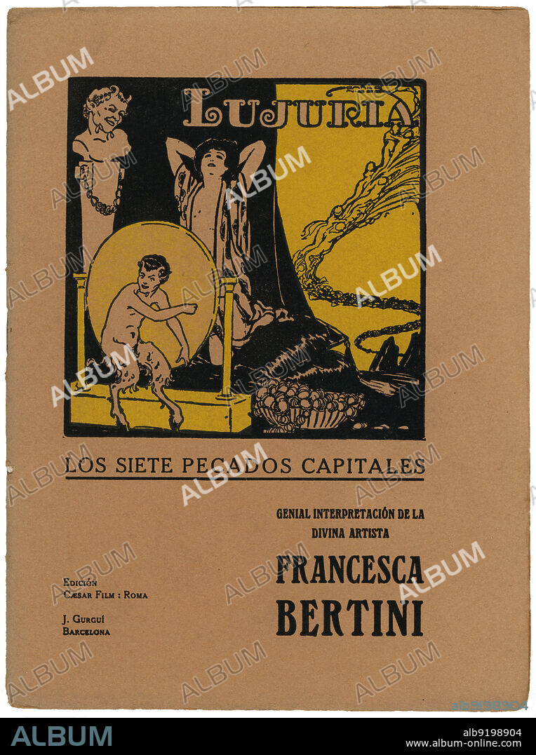 Guión cinematográfico basado en la novela Los siete pecados capitales, la Lujuria, de Eugéne Sue; película interpretada por la actriz italiana de cine mudo Francesca Bertini (1892-1985), producida por Caesar Film, de Roma y distribuida en España por J. Gurguí, de Barcelona. Año 1919.