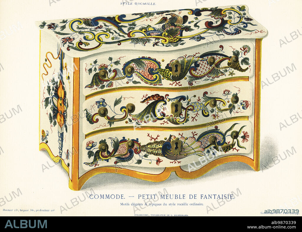 Fancy chest of drawers in the rockery style. Commode, petit meuble de fantaisie. Motifs elegants et typiques du style rocaille ordinaire. Chromolithograph after an illustration by Emilie Pottier from Andre Pottier's Histoire de la Faience de Rouen, Auguste le Brument, Rouen, 1870.