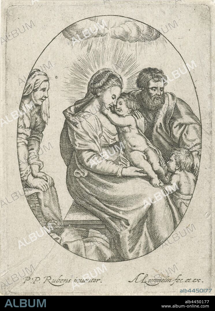 Christ on Mary's lap, Mary is sitting with the Christ child on her lap. The little John the Baptist is standing at Maria's knee. Joseph and Elisabet watch, Madonna: Mary sitting on the ground, the Christ-child in her lap, Holy Family, and derived representations, Adriaen Lommelin (mentioned on object), Antwerp, 1630 - 1677, paper, engraving, h 99 mm × w 71 mm.