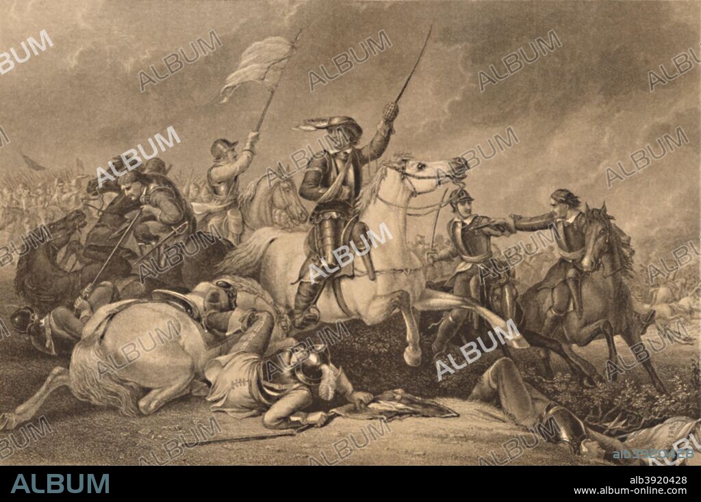'Cromwell at the Battle of Marston Moor', 1886. Leading a Charge after Being Wounded in his Right Arm. Oliver Cromwell (1599-1658) commanded the forces of Parliament during the English Civil War. After the war England, Scotland and Ireland became a commonwealth. Cromwell was head of state as Lord Protector of the Commonwealth from 1653 until his death. After Abraham Cooper R. A. (1787-1868). From Illustration of English and Scottish History, Volume I by Thomas Archer. [Blackie & Son, London, Glasgow and Edinburgh, 1886].