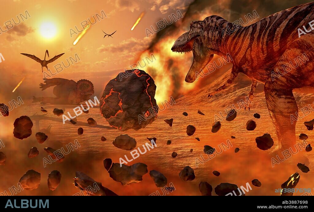 Artist's concept of the Cretaceous-Paleogene extinction event, which brought the extinction of all the dinosaurs.