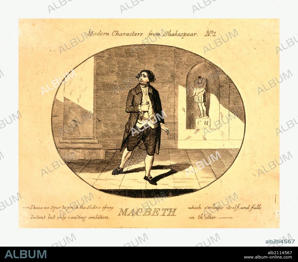 Modern characters from Shakespeare. Macbeth, engraving 1783, Man on stage, playing Macbeth, full-length, standing, facing left, holding dagger.