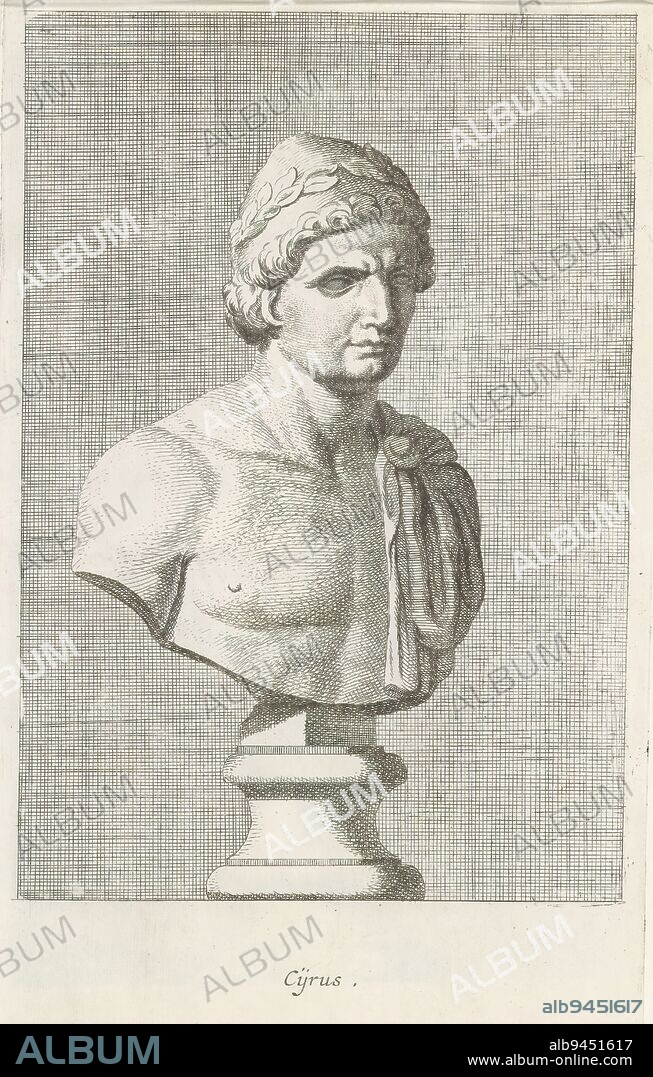 Bust of Cyrus, Cijrus (title on object), Classical bust of a man wearing a Phrygian cap on his head. The print is part of an album containing a series of prints after sculptures in the collection of Gerard Reynst., print maker: Hubert Quellinus, print maker: Gerard de Lairesse, (rejected attribution), Antwerp, 1646 - 1670, paper, engraving, height 325 mm × width 195 mm.