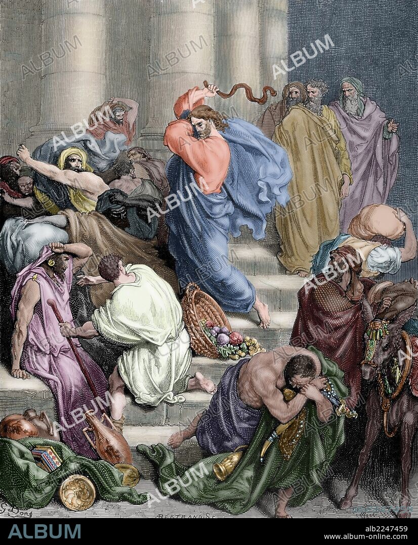 PAUL GUSTAVE DORÉ (basado en). NUEVO TESTAMENTO. "JESUS EXPULSA A LOS MERCADERES DEL TEMPLO". Dibujo de G. Doré. Grabado de A. Bertrand. Evangelio de San Marcos. Capítulo XI. Versículos del 15 al 18. Coloreado.