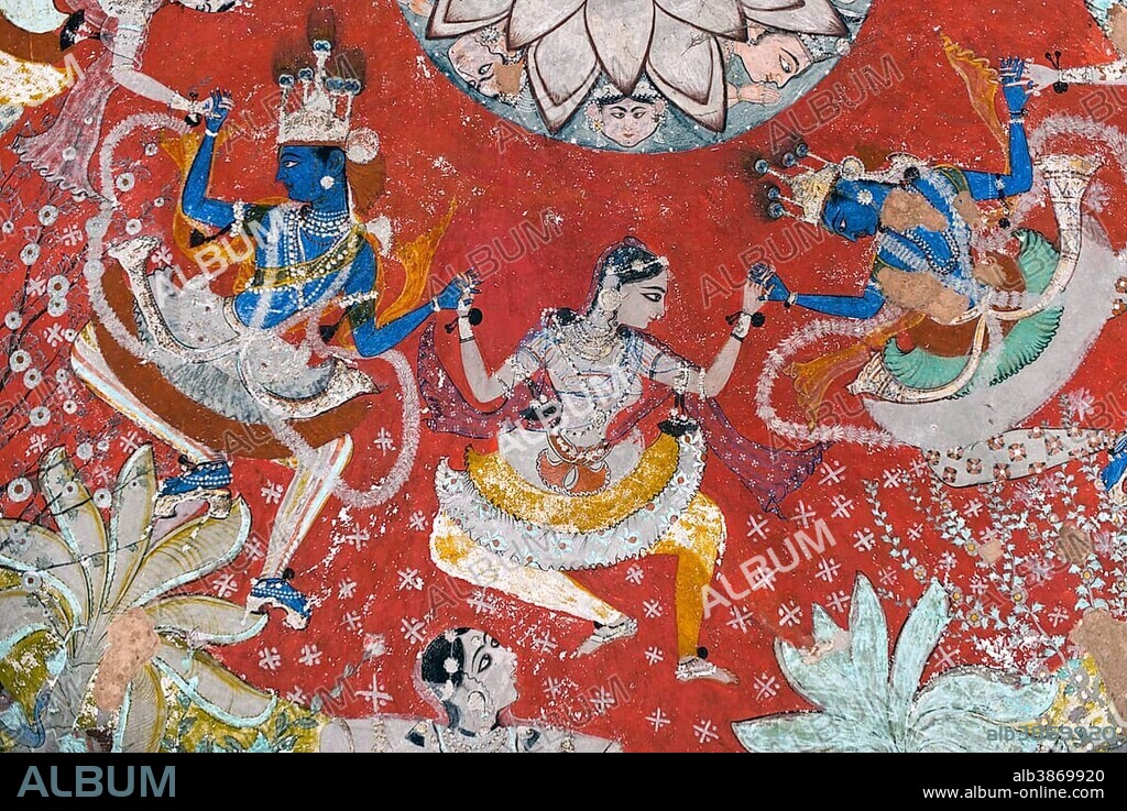 Pastoral god Krishna dancing the Rasa Lila dance with the Gopis, mural or fresco painted with natural colours, Badal Mahal or Cloud Palace, Bundikalam school of painting, Taragarh Fort, Bundi, Rajasthan, India