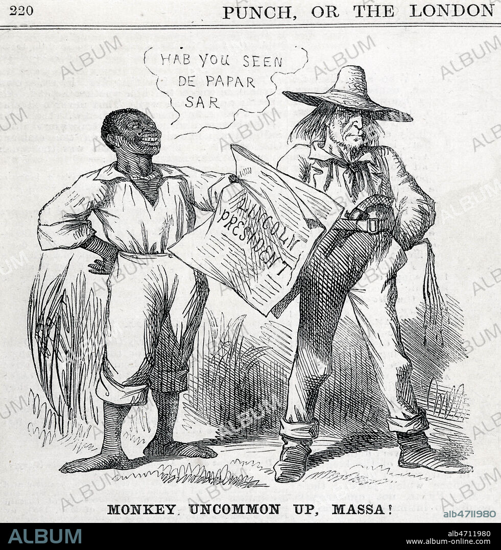 Monkey uncommon up, massa. Esclave americain montrant a un proprietaire blanc le resultat de l'election d'Abraham LINCOLN (1809-1865) a la une d'un journal. Illustration tiree du Punch du 1/12/1860. Credit : Collection KHARBINE-TAPABOR.