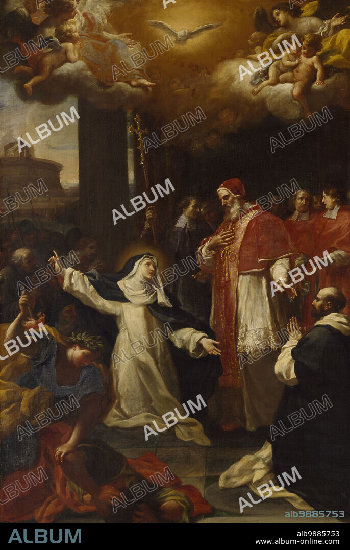 MARCO BENEFIAL. St Catherine Imploring Pope Gregory XI to Return from Avignon to Rome, early-mid 18th century. Catherine is persuading the Pope to return to Rome to end the 'Avignon Papacy' (the period when Avignon was the capital of the papal state); the Eternal City appears as a vision on the horizon. Gregory XI is portrayed with a hand on his chest, looking down, in the act of making a solemn resolution before the cardinals in the background. A crowd of people is trying to enter the palace, and an allegorical depiction (possibly to be identified as Wisdom overcoming Ignorance) closes the image to the left.