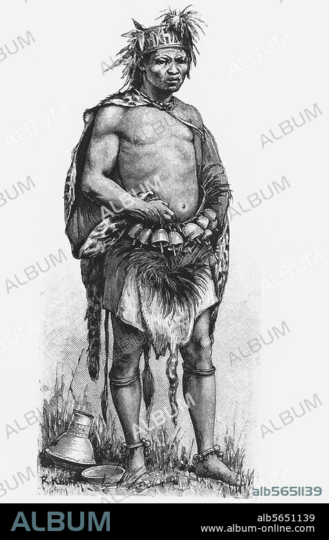 Völkerkunde:. Afrika. "Medizinmann der Niamniam". Holzstich, 1892, nach Zeichnung von Robert Knorr (geb. 1865). Aus: B.Langkavel, Der Mensch und seine Rassen, Stuttgart (J.H.W.Dietz) 1892.