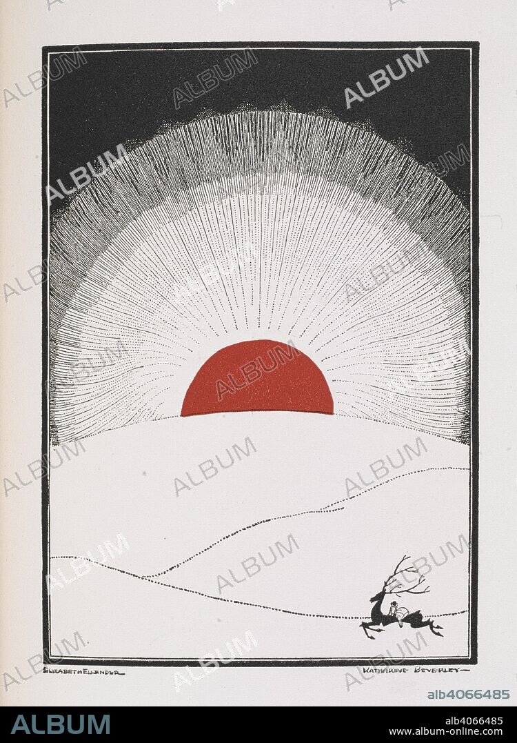 HANS CHRISTIAN ANDERSEN and KATHERINE BEVERLEY. Gerda riding a reindeer. A sunset or sunrise can be seen. The snow queen / Hans Christian Andersen ; drawings by Katharine Beverley and Elizabeth Ellender. New York, N.Y. : E.P. Dutton, c1929. Source: YD.2004.b.454 opposite page 166.