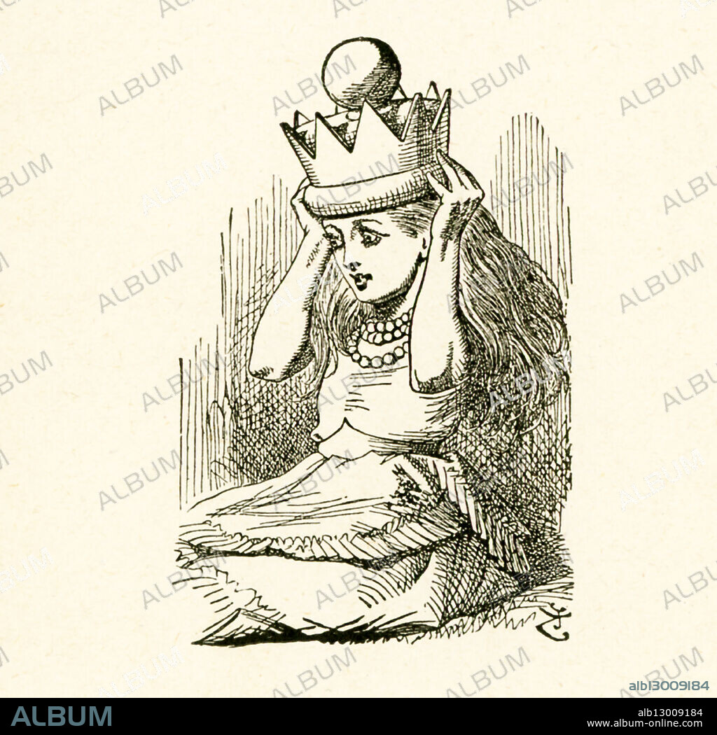 This illustration of Alice putting on the royal crown is from ""Through the Looking-Glass and What Alice Found There"" by Lewis Carroll (Charles Lutwidge Dodgson), who wrote this novel in 1871 as a sequel to ""Alice's Adventures in Wonderland."".