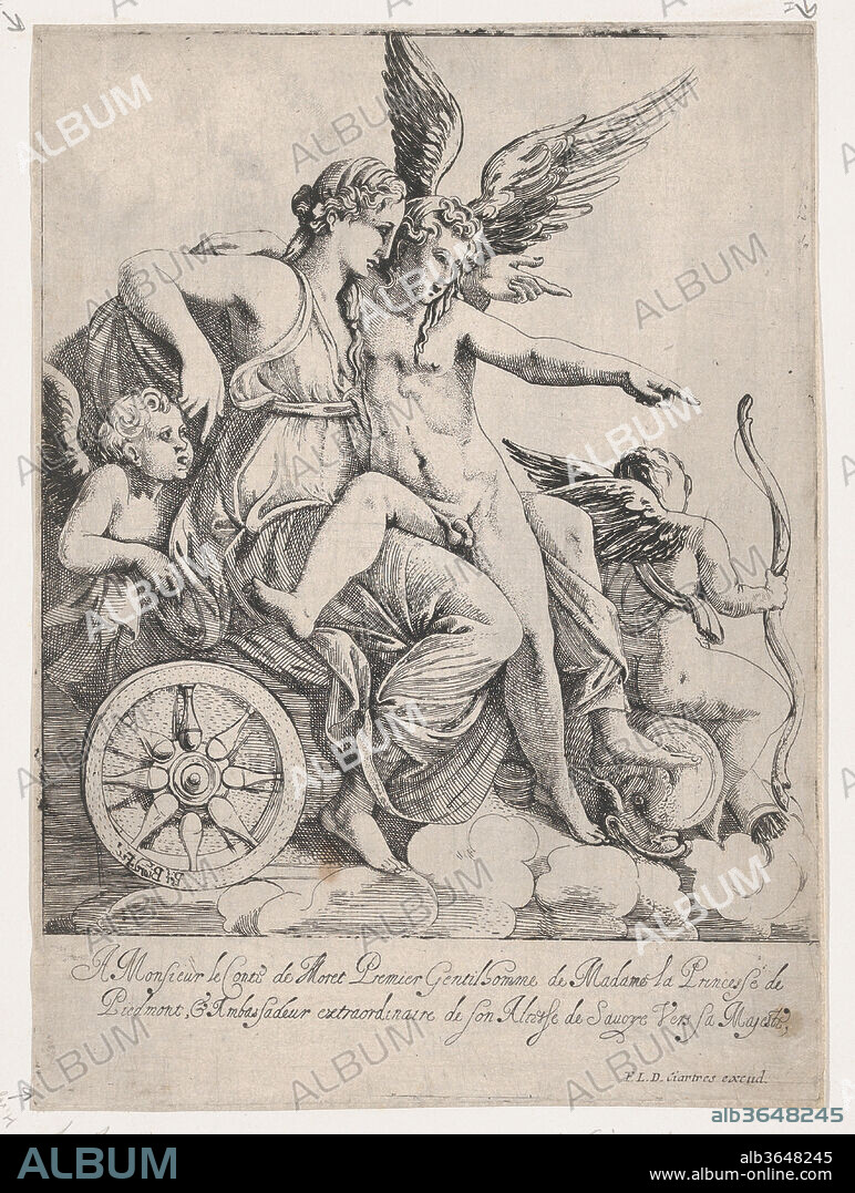 Venus and Cupid on a Chariot. Artist: Pierre Biard II (French, Paris 1592-1661 Paris); After Girolamo Romanino (Italian, Brescia 1484/87-1560 Brescia). Dimensions: Sheet (trimmed): 9 5/16 × 6 3/4 in. (23.6 × 17.1 cm). Date: 1607-61.