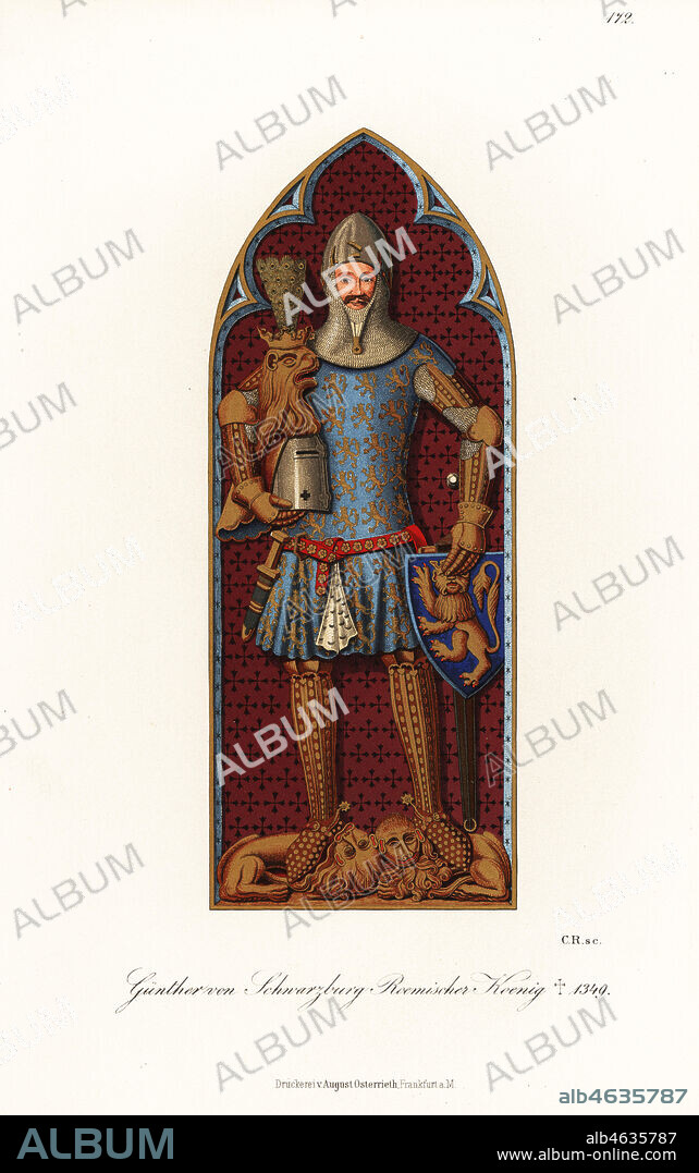 Gunther XXI von Schwarzburg, King of Germany, Roemischer Koenig, 1304-1349. In splinted armour, tunic with coat of arms, great helm and escutcheon from his grave effigy in Frankfurt Cathedral. Chromolithograph from Hefner-Alteneck's Costumes, Artworks and Appliances from the Middle Ages to the 17th Century, Frankfurt, 1889. Illustration by Dr. Jakob Heinrich von Hefner-Alteneck, lithographed by C.R. Dr. Hefner-Alteneck (1811 - 1903) was a German museum curator, archaeologist, art historian, illustrator and etcher.
