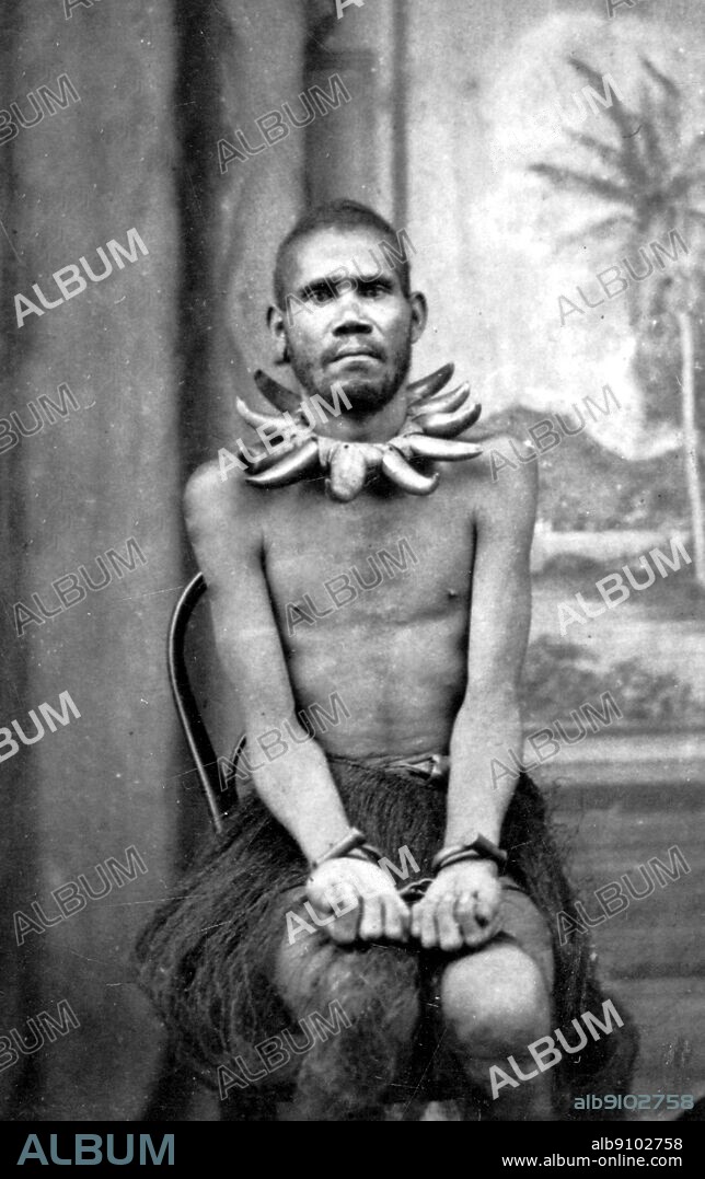 Fiji: Male cannibal/ 'Murderers (Viti levu). They were caught dragging the naked body of a missionary's wife by the hair through the jungle in order to eat it. I saw them in penal servitude at Ovalou Island', writes Moseley.