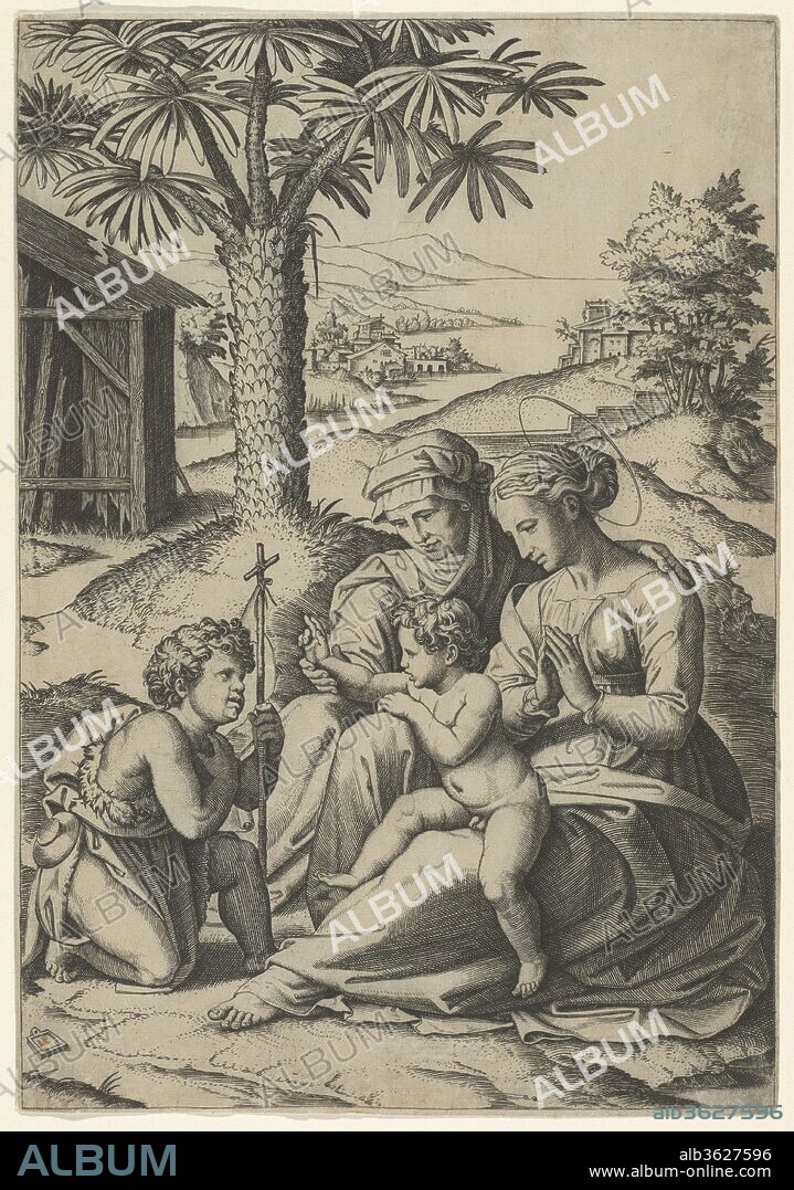 The Virgin and Child with St. Elizabeth and John the Baptist, called 'The Virgin of the Palm Tree'. Artist: Marcantonio Raimondi (Italian, Argini (?) ca. 1480-before 1534 Bologna (?)); After Raphael (Raffaello Sanzio or Santi) (Italian, Urbino 1483-1520 Rome). Dimensions: 9 3/4 x 6 3/4 in.  (24.7 x 17.1 cm). Date: ca. 1520-25.