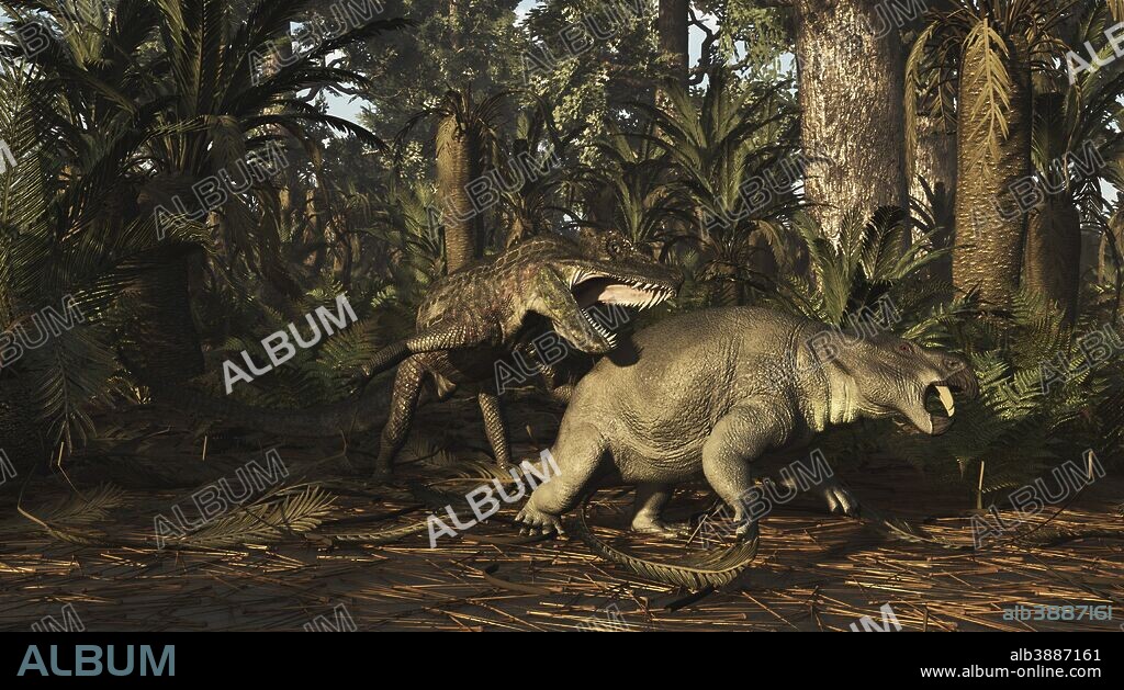 Postosuchus attacking a dicynodont in a Triassic forest 228 million years ago. Postosuchus is a rausuchian that grew 13-16 feet and lived alongside the earliest dinosaurs.